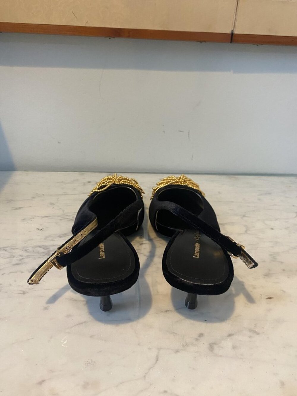 Larroude Angelica Hicks Shoes Womens Size 7.5 Black Suede Beaded Slingback Heels - Picture 5 of 6
